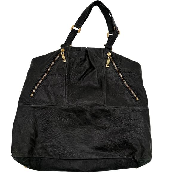 T Monogram Zip Tote: Women Tory Burch Black Leather Steffi Zipper Tote Handbag